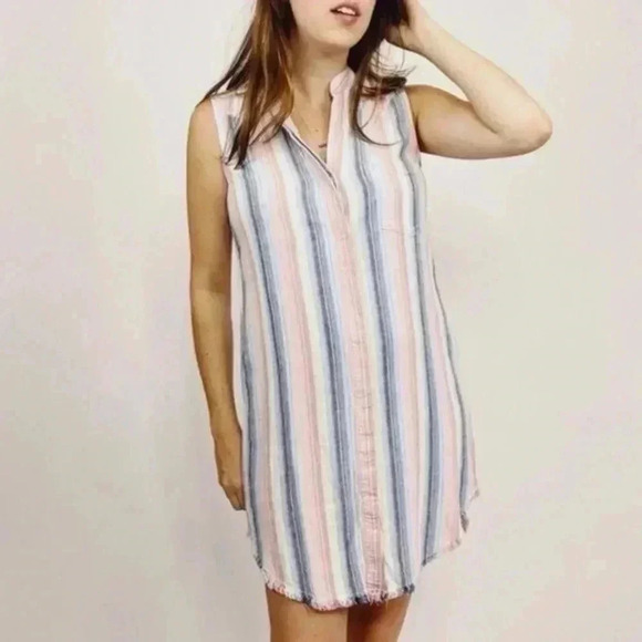 Cloth & Stone Pink Blue Striped Linen Blend Raw Hem Button Down Shift Dress XS - Picture 1 of 11